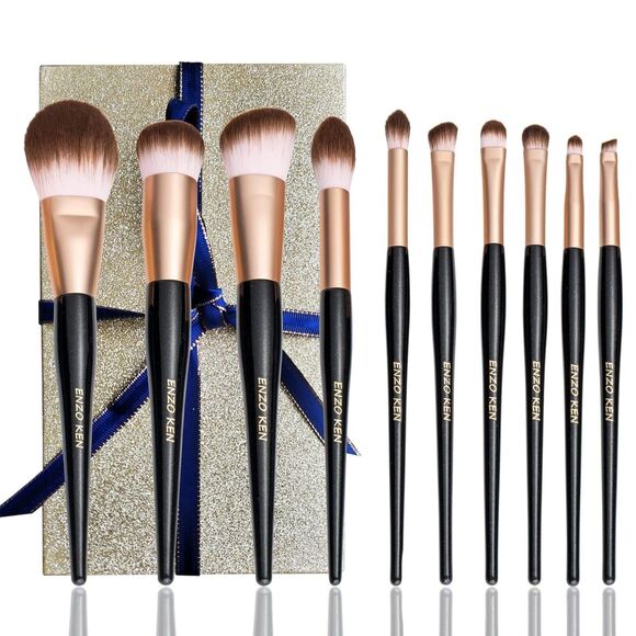 Black Professional Natural Bristle Hair Makeup Brushes Set With Case - Picture 1 of 5